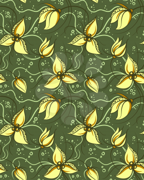 Seamless Pattern with Stylized Orchids Flowers. Floral Vector Background
