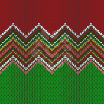 Seamless ethnic geometric knitted pattern. Style green white red background