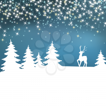 New Year Poster. Christmas background. Winter landscape with deer. White fairy forest