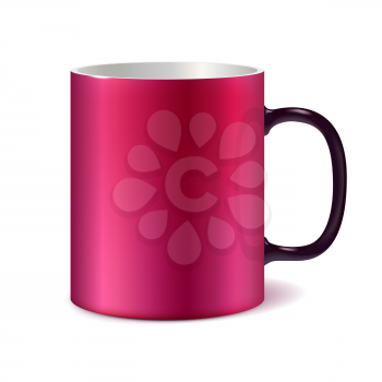 Pink and white big ceramic cup with black handle for printing corporate logo. Cup isolated on white background. Vector 3D illustration