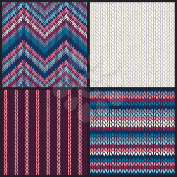 Seamless knitted pattern. Set of blue pink white gray color backgrounds.