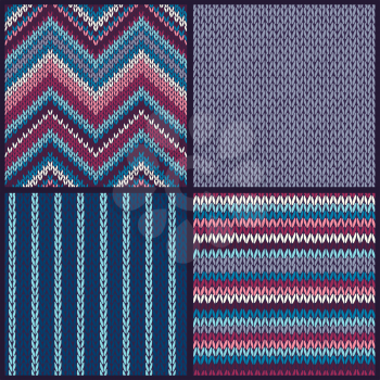 Seamless knitted pattern. Set of blue pink white gray color backgrounds.