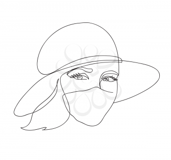 Abstract woman face.Young attractive girl in a mask and hat. Concept fashion summer 2020. Black and white hand drawn line art. Outline vector illustration