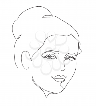 Beautyfull girl face. Attractive young woman portrait female beauty concept. Continuous line drawing. Black and white vector illustration
