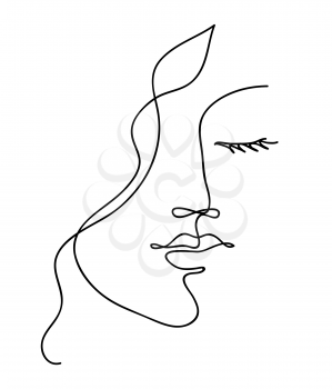 Beautyfull girl face. Attractive young woman portrait female beauty concept. Continuous line drawing. Black and white vector illustration