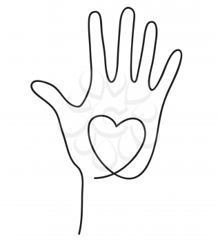 Human hand holding heart. Abstract love symbol. Care, support and assistance concept. Continuous line art drawing vector illustration