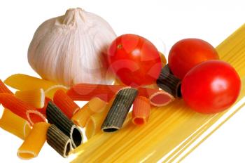Several food ingredients to make spaghetti isolated on a white background