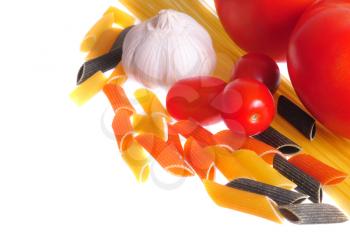 Several food ingredients to make spaghetti isolated on a white background
