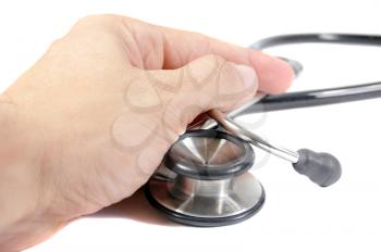 Doctor's hand holding a stethoscope isolated on white