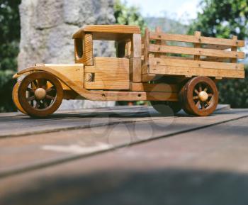 Macro shot of a wooden toy truck