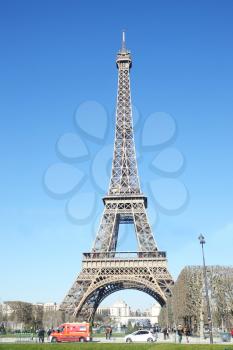 PARIS-FRANCE-FEB 25, 2019: The Eiffel Tower is a wrought-iron lattice tower on the Champ de Mars in Paris, France. It is named after the engineer Gustave Eiffel.                             