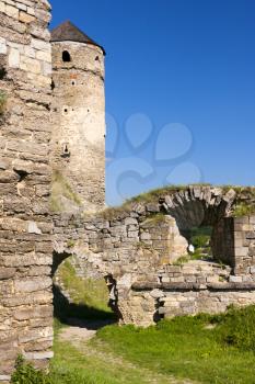 Watchtower and the surrounding walls of the old Fortress (in Kamenets-Podolskij, Ukraine).