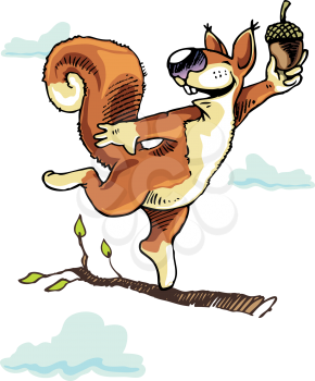 Happy squirrel dancing on the tree branch with the acorn.
Editable vector EPS v9.0