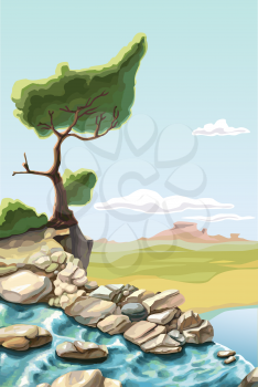 The waterfall and the lonely green tree on the brink of a precipice.
Editable vector EPS file v9.0