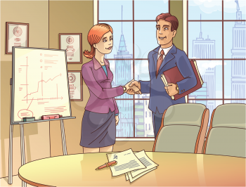 The young businessman and the businesswoman are glad to sign the contract and shaking the hands in the meeting room.

The archive includes: the editable layered vector EPS 10.0 and the Hi-res JPG fi