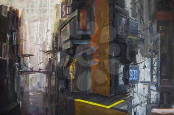 A dark futuristic cityscape with a river below and an industrial structures. There are a lot of wires, pipes and concrete around. 
An oil painting on canvas.
