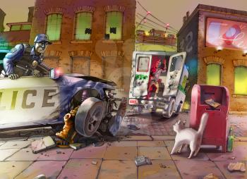 The police car is smashed while chasing the criminal on a stolen armoured vehicle. The policeman is looking angrily at the smiling driving away suspect.
Raster illustration.
