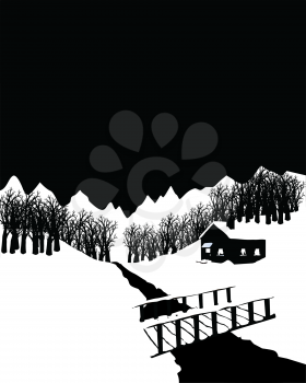 Black and white winter landscape with a cottage in the woods.