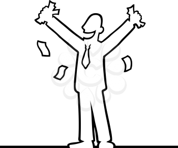 Black line art illustration of a cheering business man with money