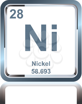 Symbol of chemical element nickel as seen on the Periodic Table of the Elements, including atomic number and atomic weight.