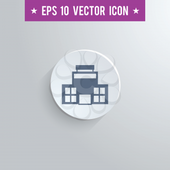 Stylish office building icon. Blue colored symbol on a white circle with shadow on a gray background. EPS10 with transparency.