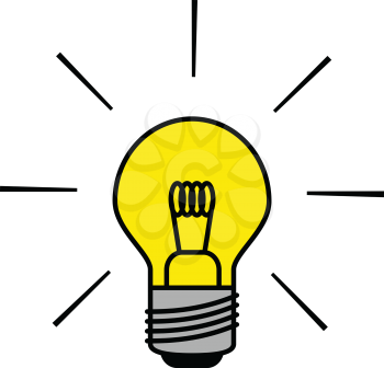 Light bulb icon shining brightly in black outlines with flat colors. Minimalistic design.