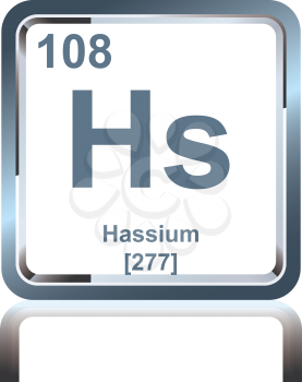 Symbol of chemical element hassium as seen on the Periodic Table of the Elements, including atomic number and atomic weight.