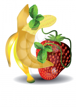 dancing banana and strawberries isolated on white backround