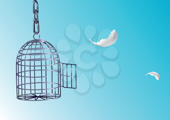 Opened cage. Bird escaping from its cage 