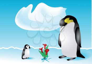 penguins and flowers on the snow. 10 EPS