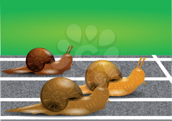 three snails on a racetrack. 10 EPS