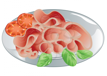 sliced ham on plate with tomato on white background