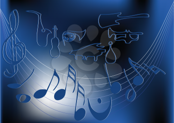 concert. Silhouette of musical instruments on blue dark background