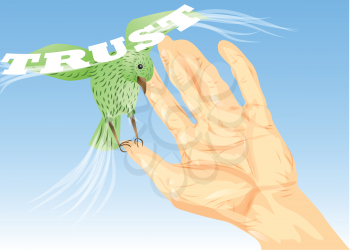 trust concept. bird on the hand against a blue sky
