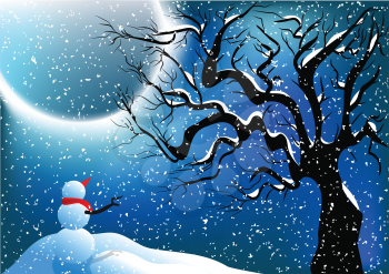 snowman and snow. winter night sky with a moon