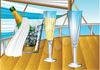 champagne on sail boat. champagne in an ice bucket and two glasses