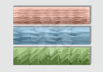 geometrical banners. three banners in flat color on gray background
