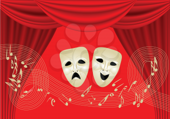 musical theatre. two masks and notes on red curtain