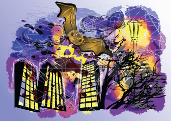 bats and town. halloween abstract grunge background