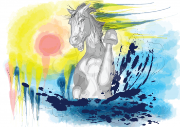 white horse on abstract grunge multicolor background