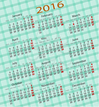 green calendar 2016. Simple european 2016 year vector calendar.