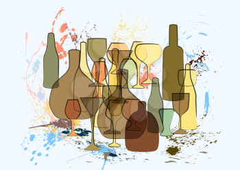 alcohol. abstract silhouette of glasses and bottle