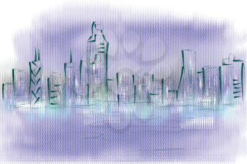 hong kong skyline. abstract illustraton on veknicolor background