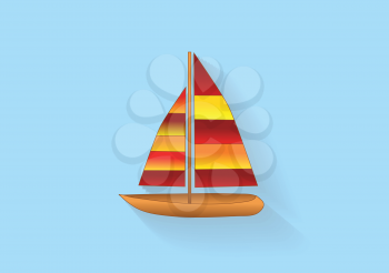 sailboat icon. abstract boad with lond shadows ob blue background