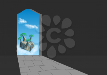 doorway in dark room with abstract sky and clouds