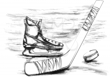 hockey puck, stick and skate on white