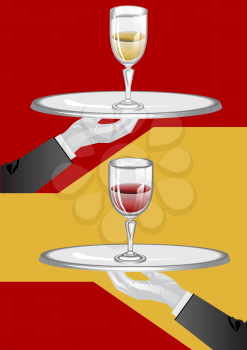 wine glasses. Hands of the waiter with a tray 
