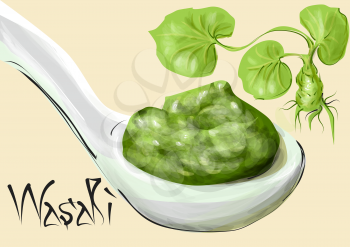 wasabi. plant and spoon with green condiment