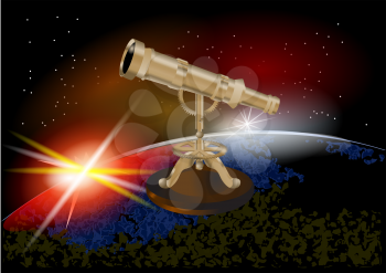telescope on a wooden stand and night sky