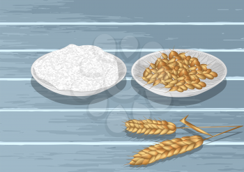 Wheat and flour on wooden table. 10 EPS